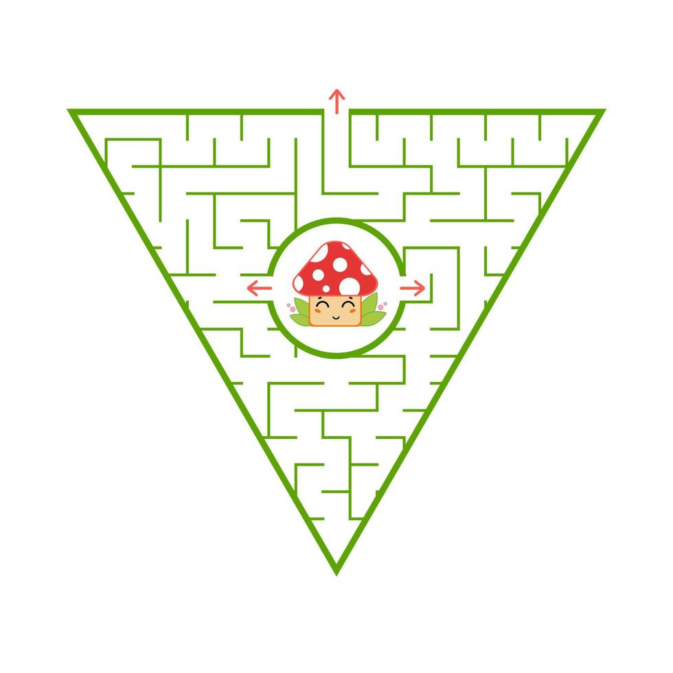 Triangular green labyrinth. Find the right way out of the maze. Simple flat vector illustration isolated on white background. With a cartoon cute character.