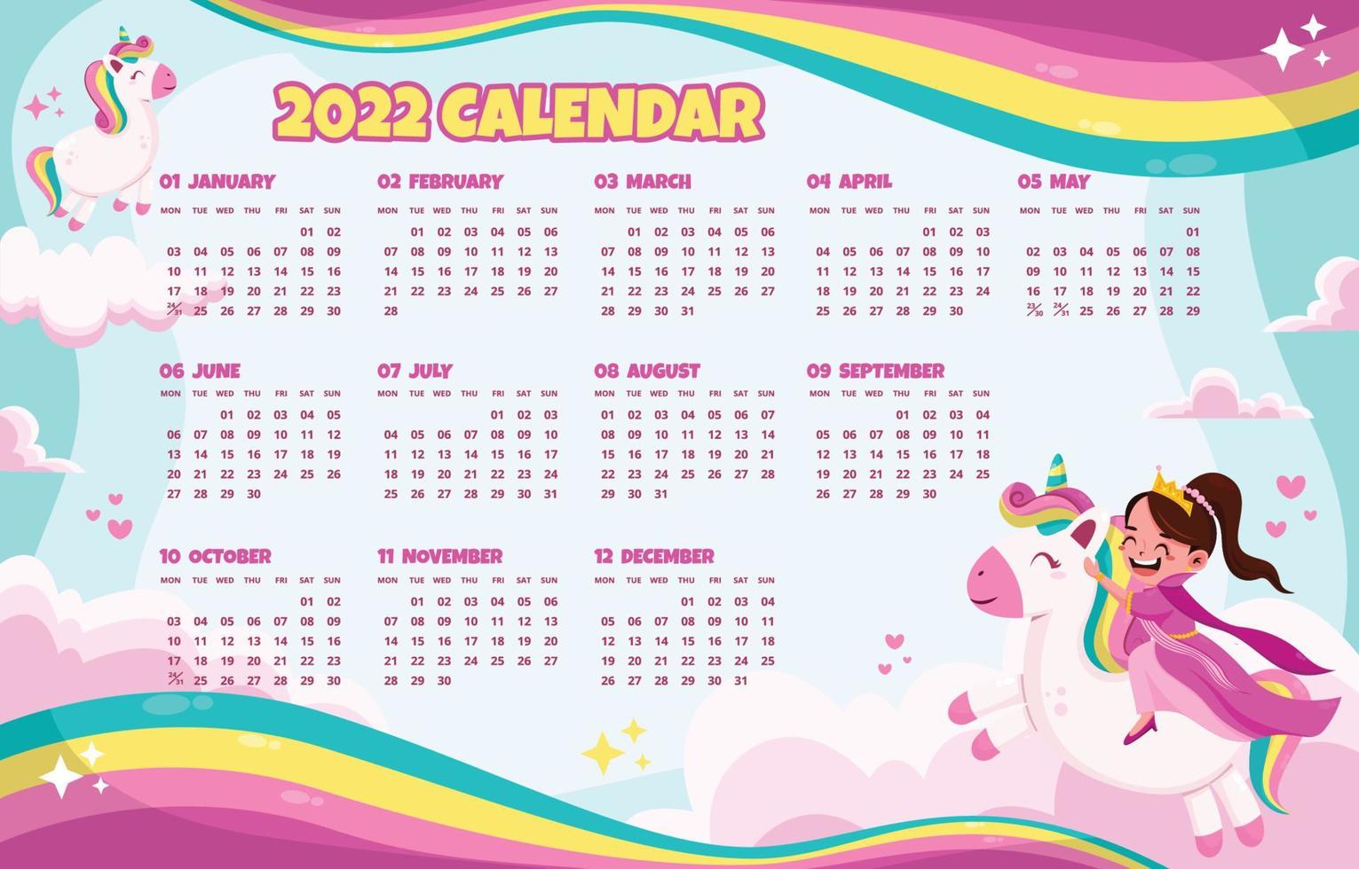 Plantilla de calendario 2022 con linda niña colorida y unicornio vector