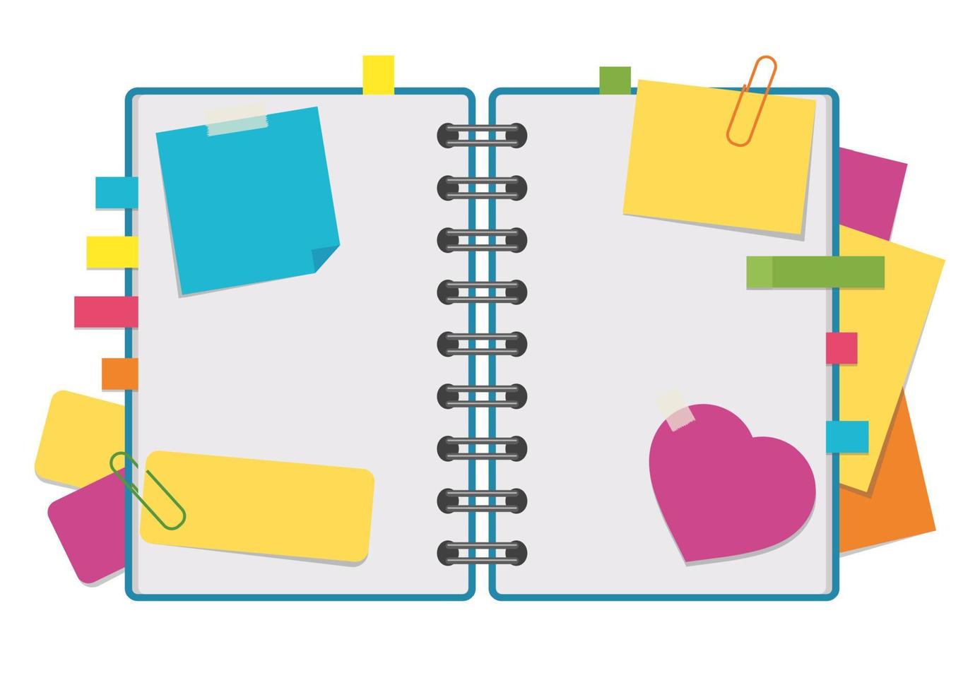 Open notepad with clean sheets on a spiral with bookmarks between the pages. Colorful flat vector illustration isolated on white background. With space for text or image.