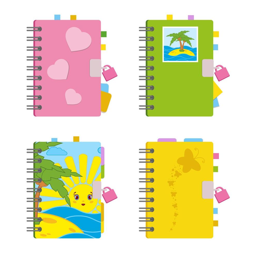Closed notebook, personal diary on a spiral with bookmarks and paper for notes. A set of four options with bright covers. With a lock. Colorful flat vector illustration isolated on white background.