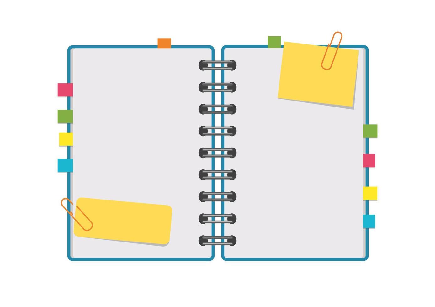 Open notepad with clean sheets on a spiral with bookmarks between the pages. Colorful flat vector illustration isolated on white background. With space for text or image.
