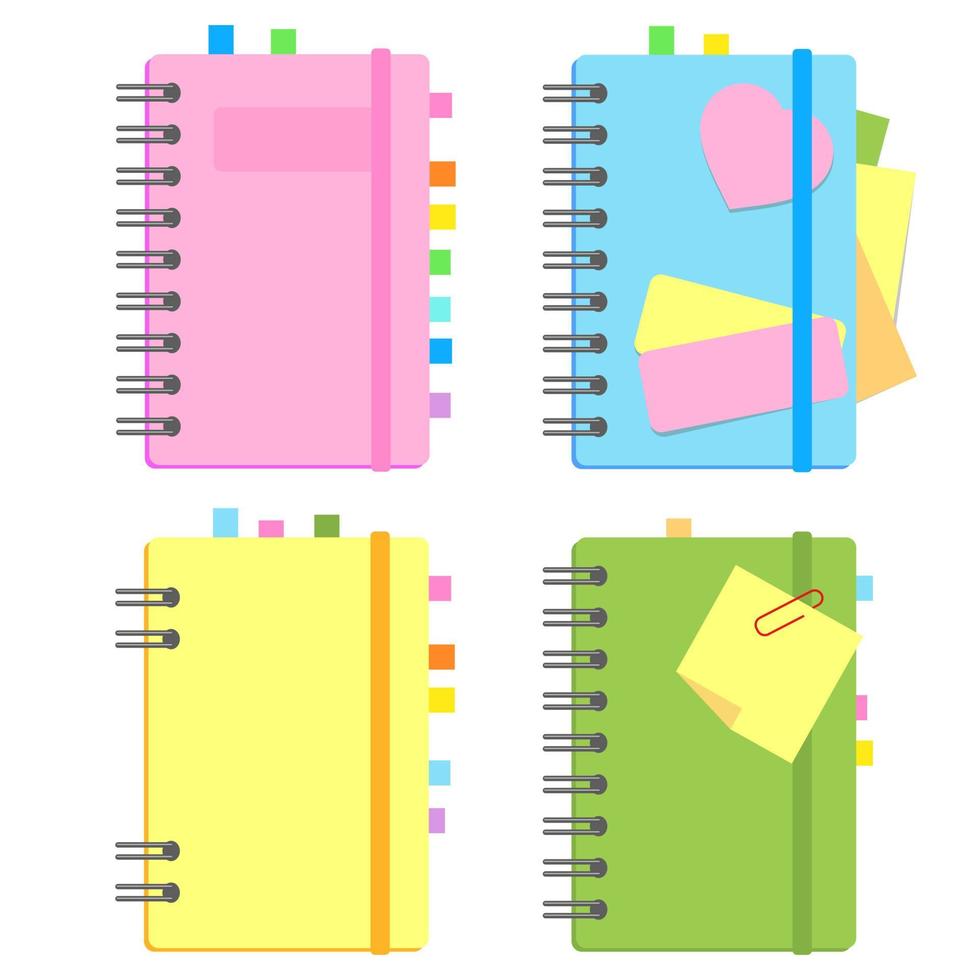 Bloc de notas cerrado en espiral con marcadores y papel para notas entre páginas. un conjunto de cuatro opciones. Ilustración de vector plano colorido aislado sobre fondo blanco.