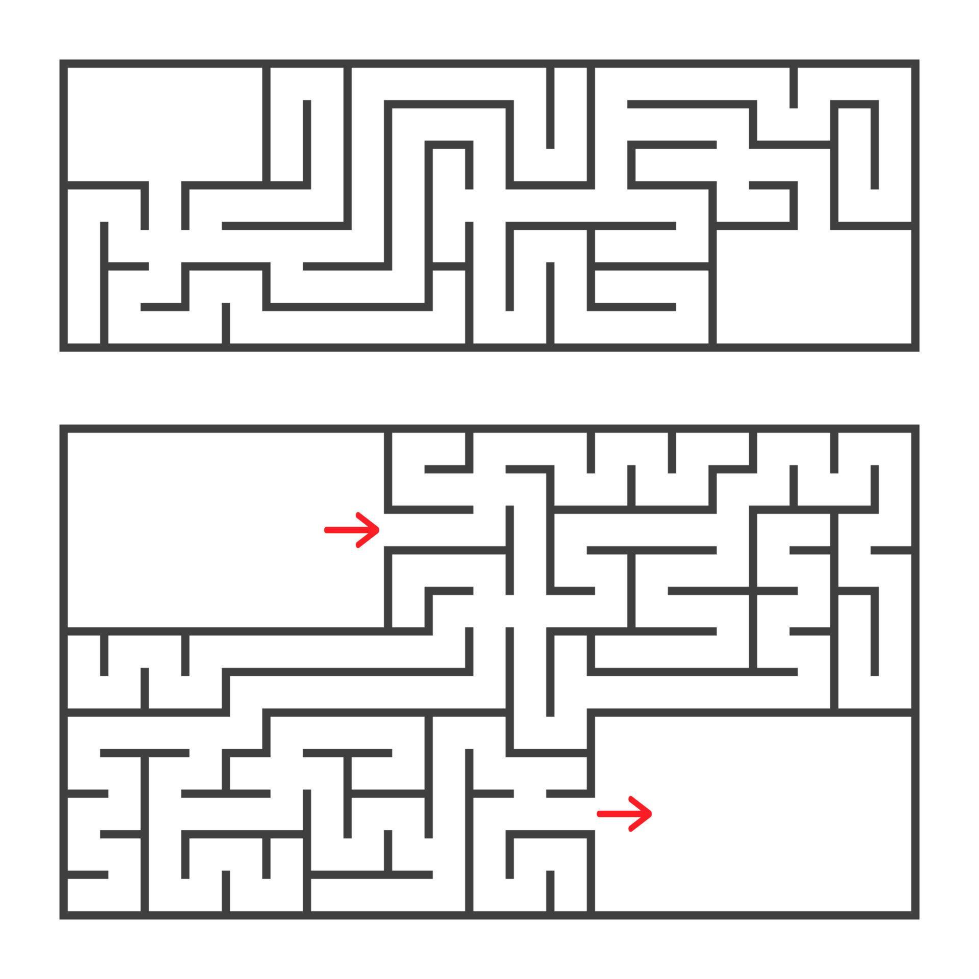 A set of two rectangular mazes with an entrance and an exit. Simple flat vector illustration