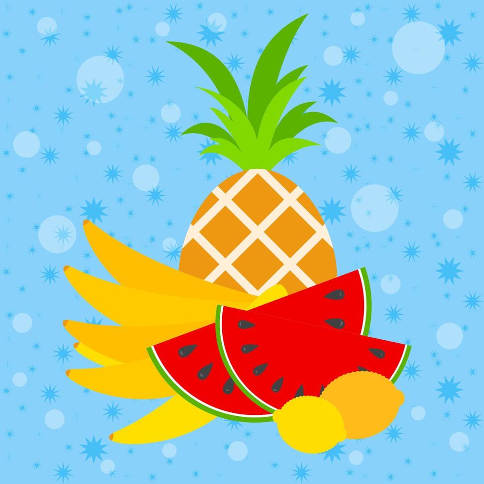 un conjunto de frutos apetitosos aislados sobre un fondo azul. comida tropical jugosa, brillante y deliciosa. piña, plátano, sandía, limón ilustración vectorial plana simple. vector