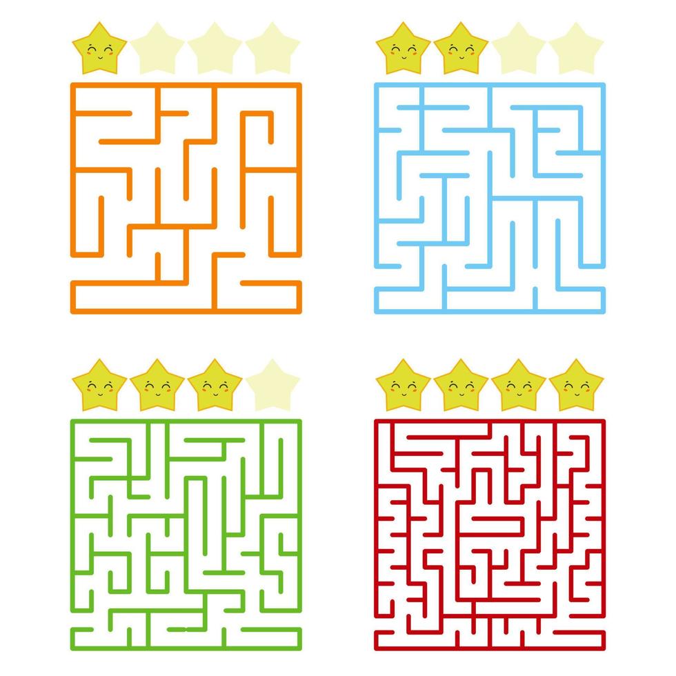 A square labyrinth with an entrance and an exit. A set of four options from simple to complex. With a rating of cute cartoon stars. Vector illustration isolated on white background.