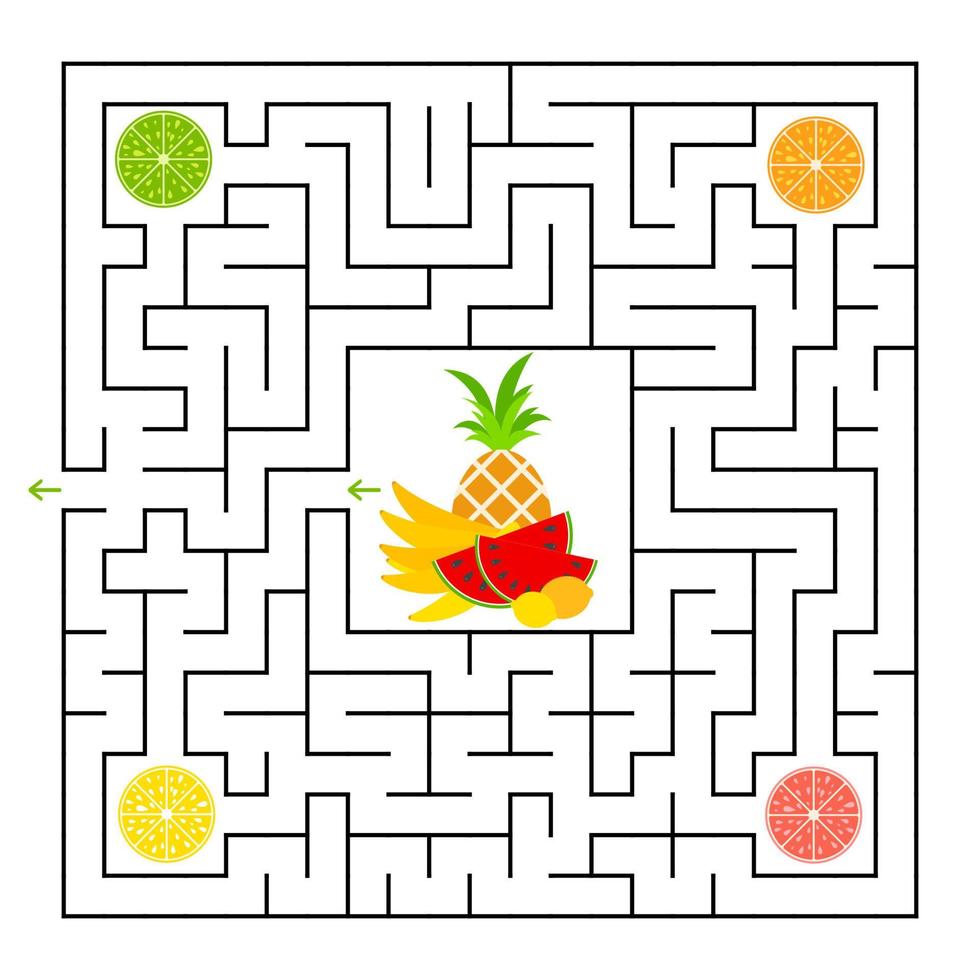 un laberinto cuadrado. Recoge todos los lóbulos de la fruta y encuentra una salida del laberinto. Ilustración de vector aislado plano simple.