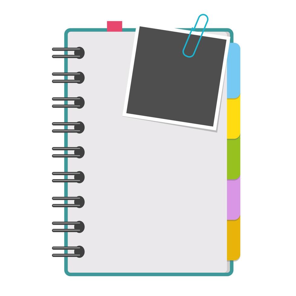 Clean open notepad on a spiral with bookmarks. With a photo. Colorful flat vector illustration isolated on white background. With space for text or image.