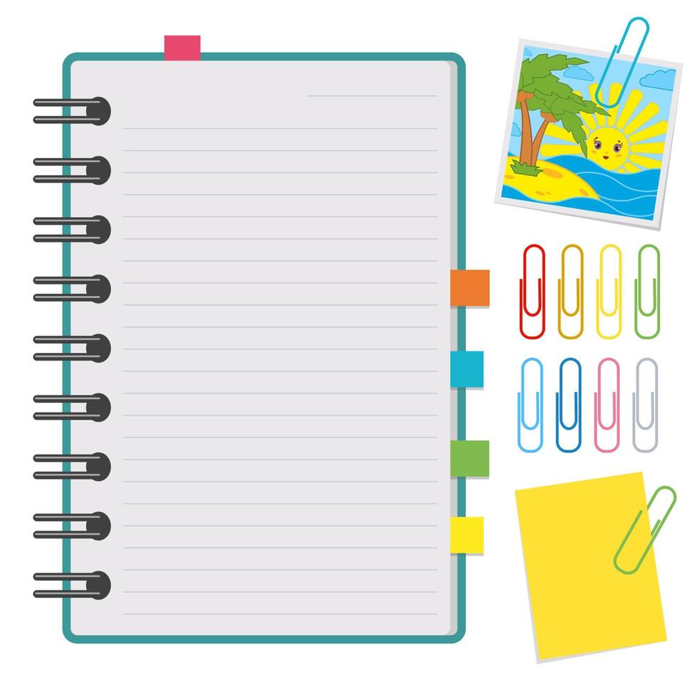 An open notebook with clean sheets on a spiral and with bookmarks. A set of paper clips and paper for notes. Flat vector illustration isolated on white background. With space for text or image.