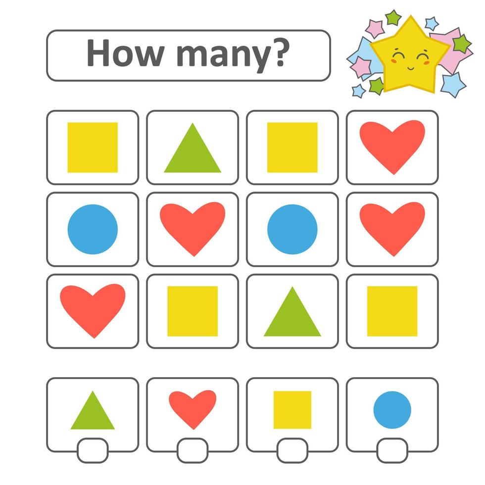 Counting game for preschool children. Heart, square, circle, triangle. With a place for answers. Simple flat isolated vector illustration.