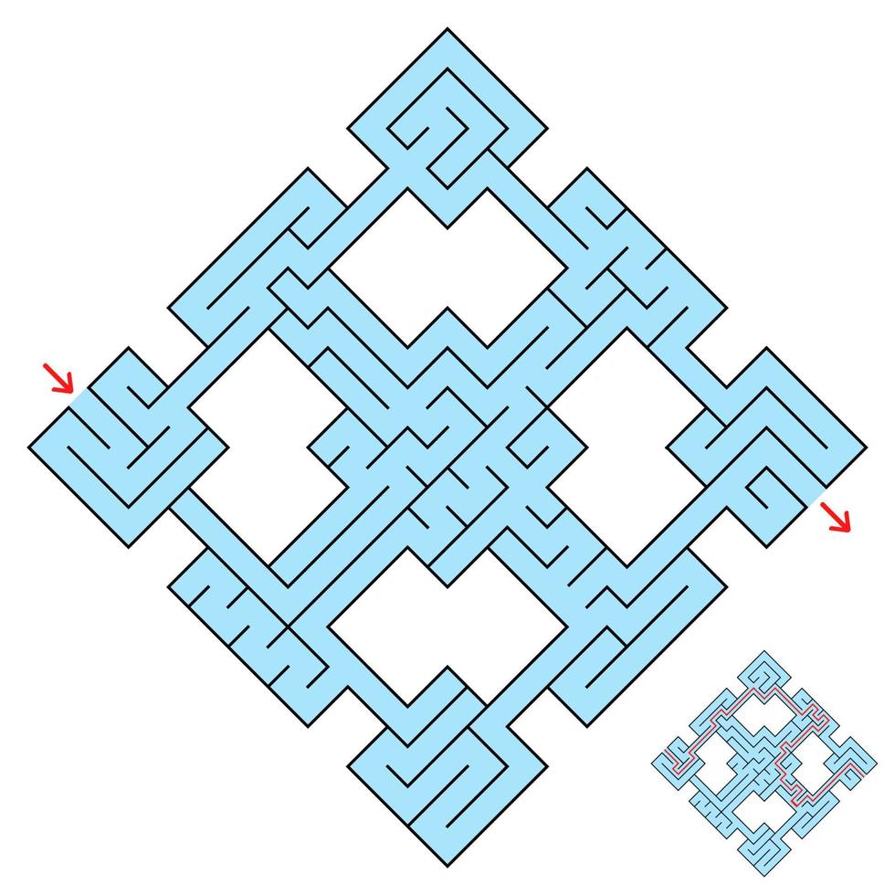 Colorful fantastic labyrinth in the form of a diamond with an entrance and an exit. Simple flat vector illustration isolated on white background. With the answer