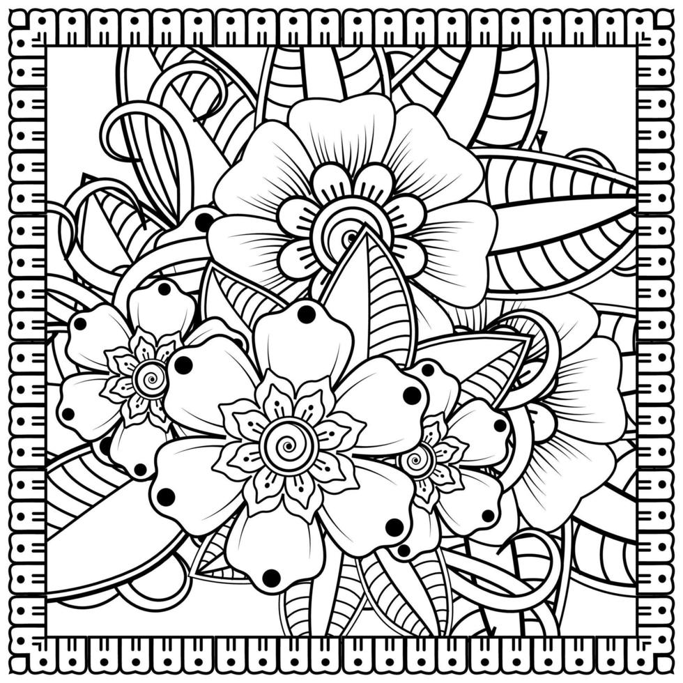 Esquema de patrón de flores cuadradas en estilo mehndi para colorear la página del libro vector