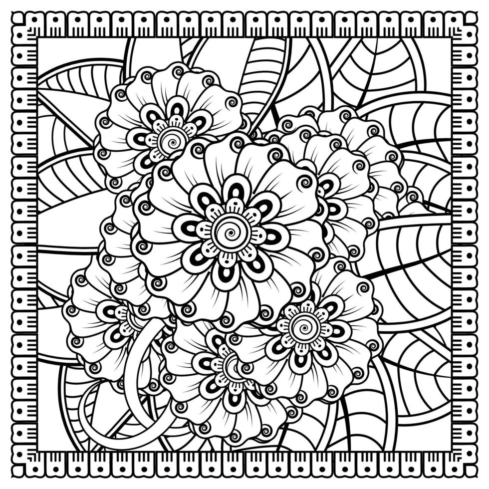 Esquema de patrón de flores cuadradas en estilo mehndi para colorear la página del libro vector