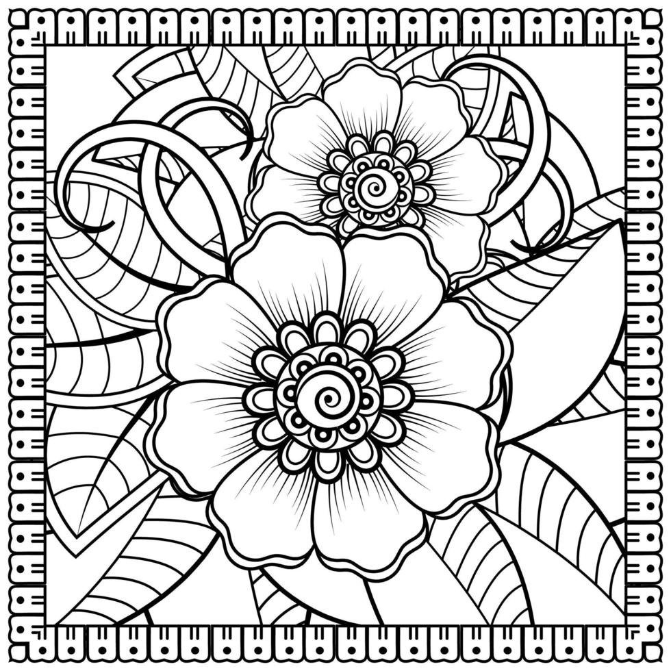 Outline square flower pattern in mehndi style for coloring book page vector