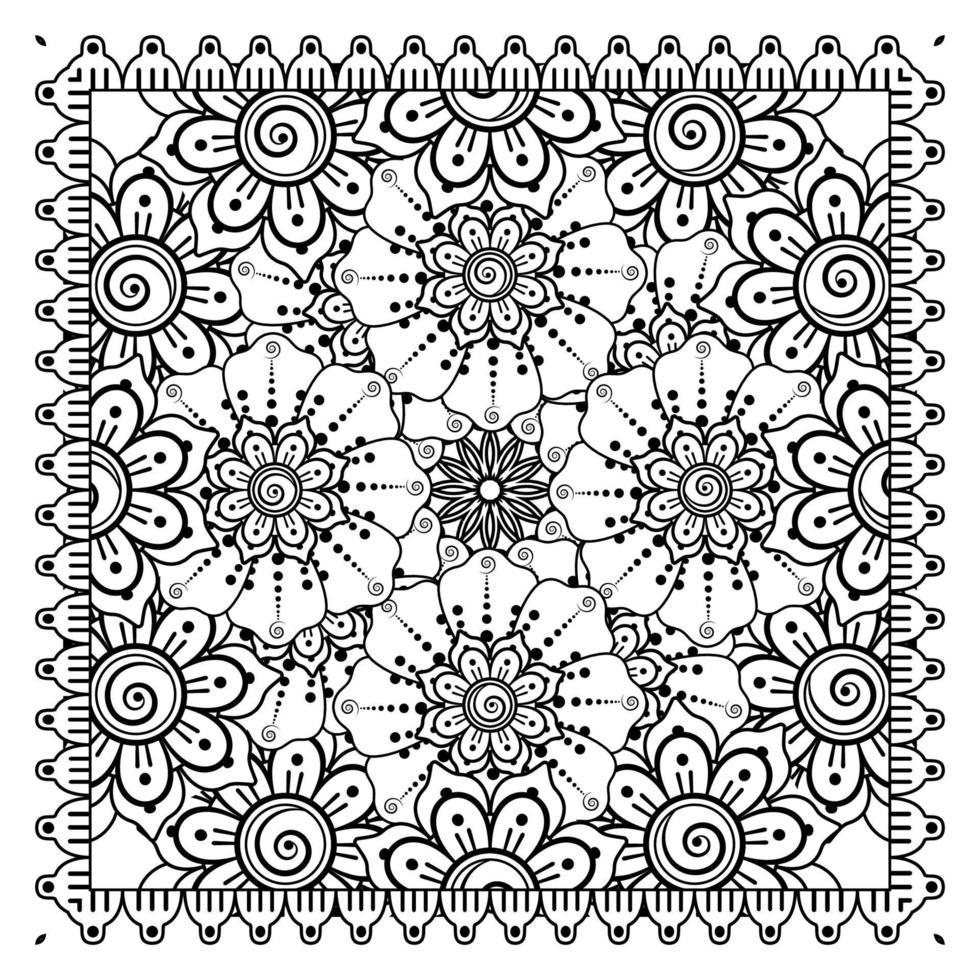 Outline square flower pattern in mehndi style for coloring book page vector
