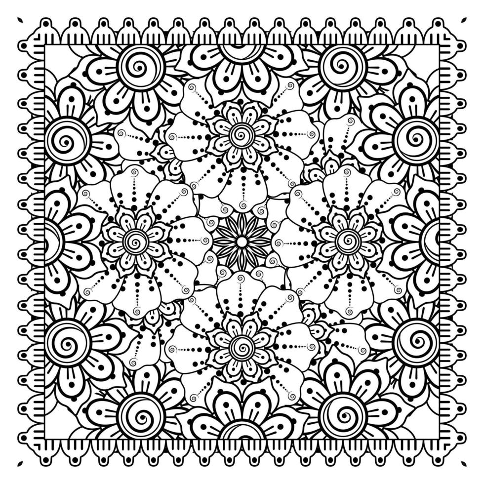 Esquema de patrón de flores cuadradas en estilo mehndi para colorear la página del libro vector