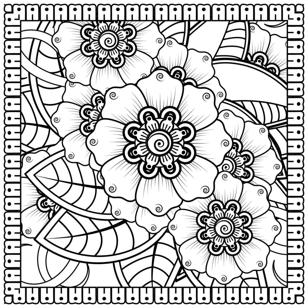Outline square flower pattern in mehndi style for coloring book page vector