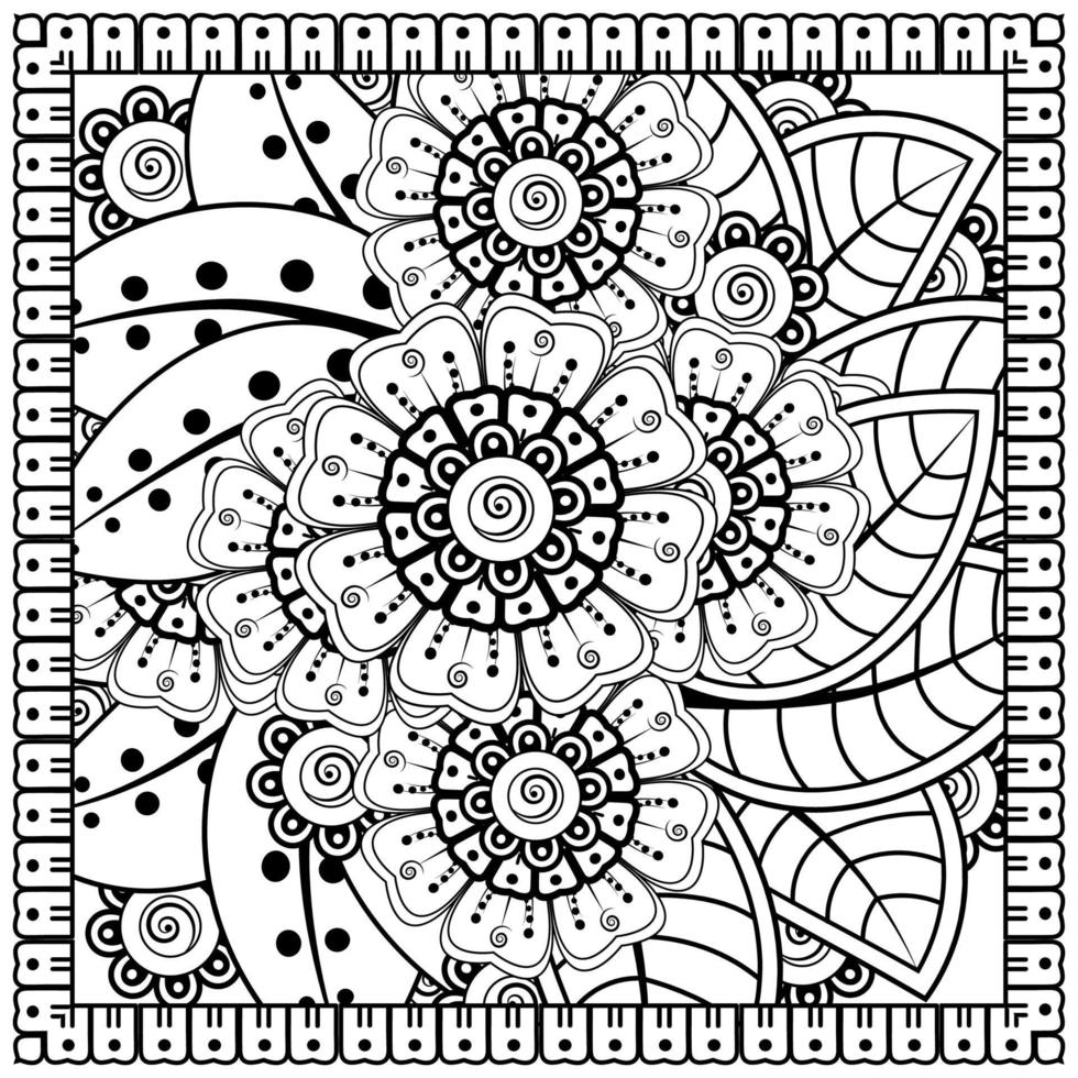 Outline square flower pattern in mehndi style for coloring book page vector