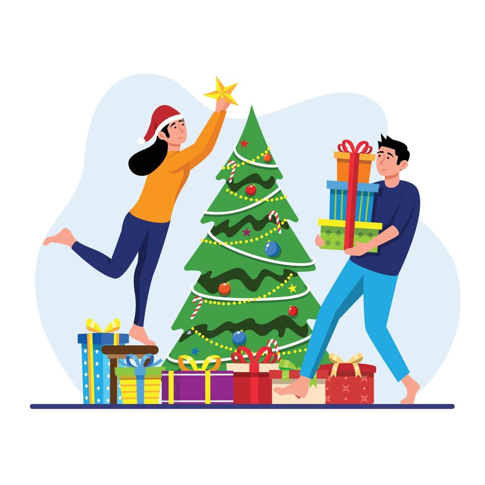 pareja decorando arbol de navidad vector