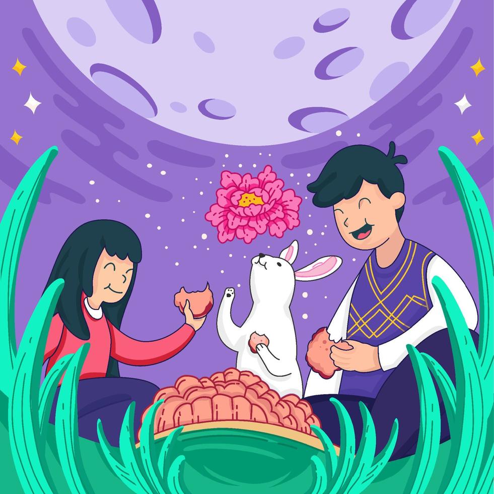 Enjoying Mooncake with Friends on Mid Autumn Festival vector