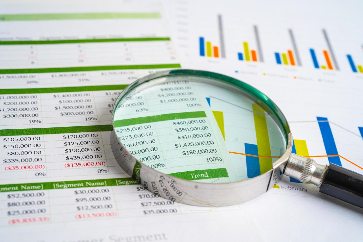 Magnifying glass on charts graphs paper. Financial development, Banking Account, Statistics, Investment Analytic research data economy, Stock exchange trading, Business office company meeting concept photo