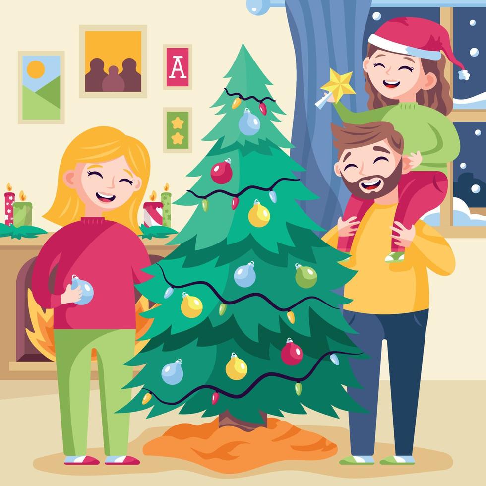 árbol de navidad de decoración familiar vector