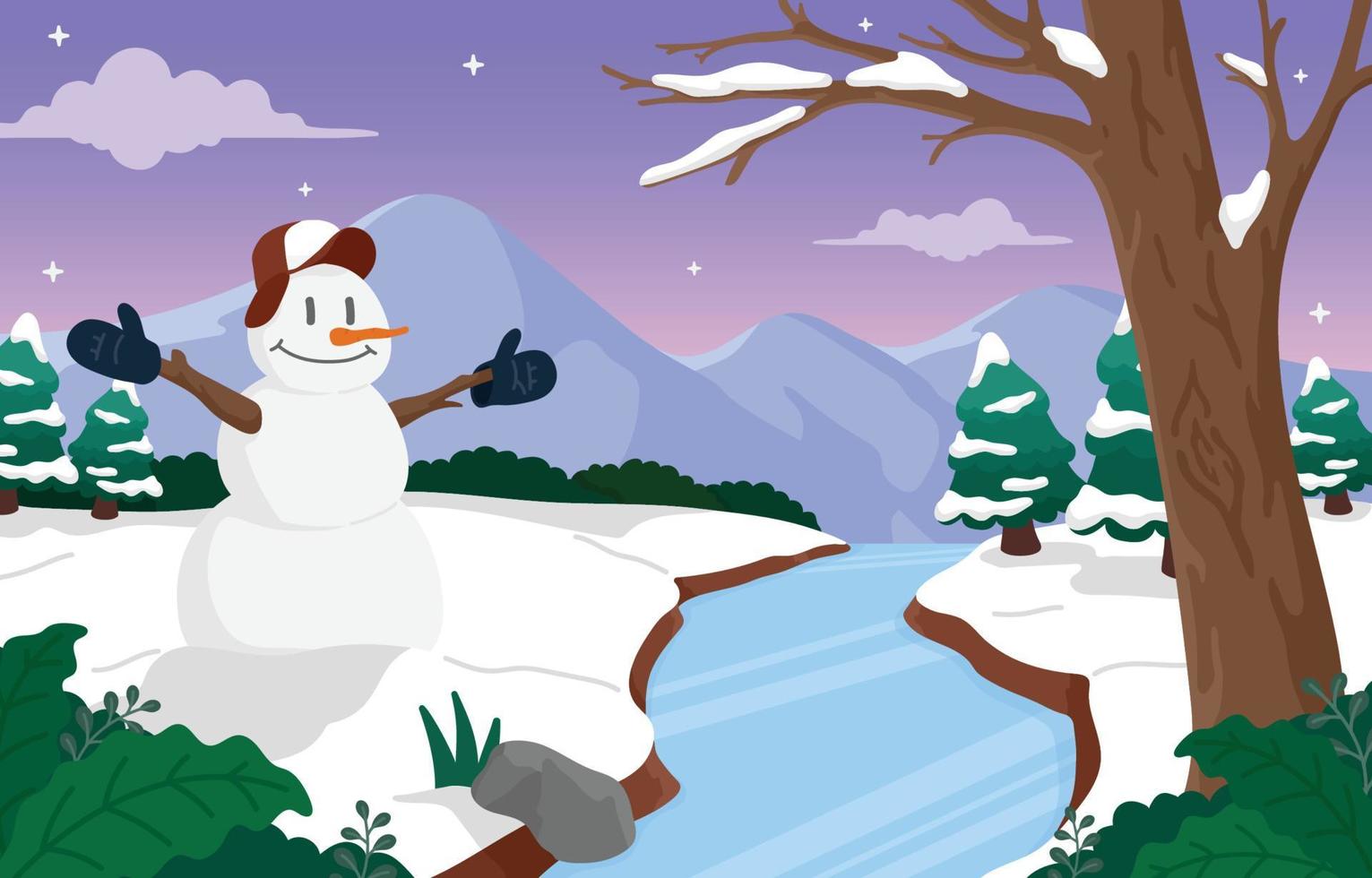 Cute Snowman in Winter Night vector