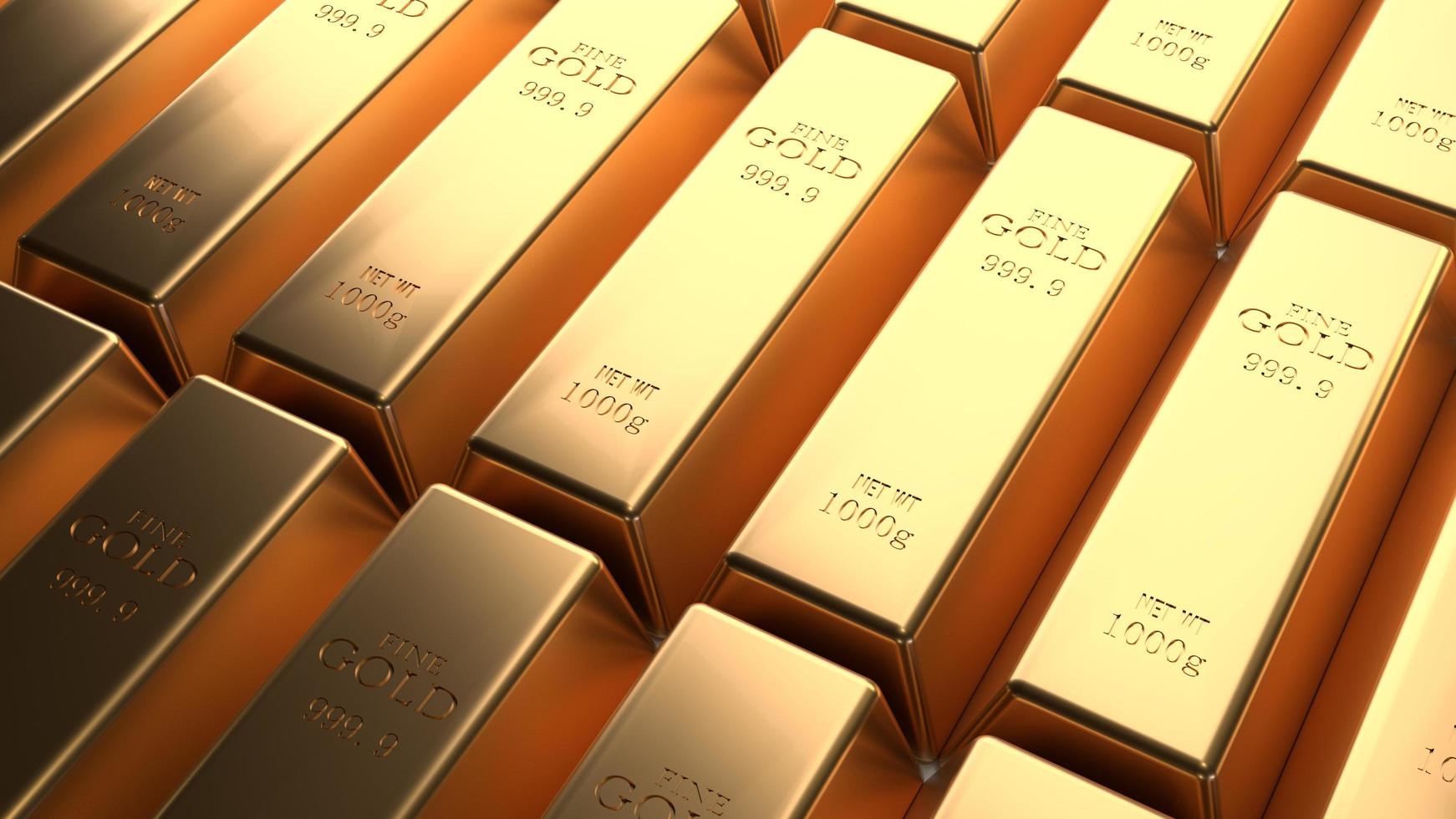 Closeup shiny gold bar arrangement in a row. Business Gold future and financial concept. 3D illustration rendering. World economics and currency exchange. Money trade and safe haven marketplace photo