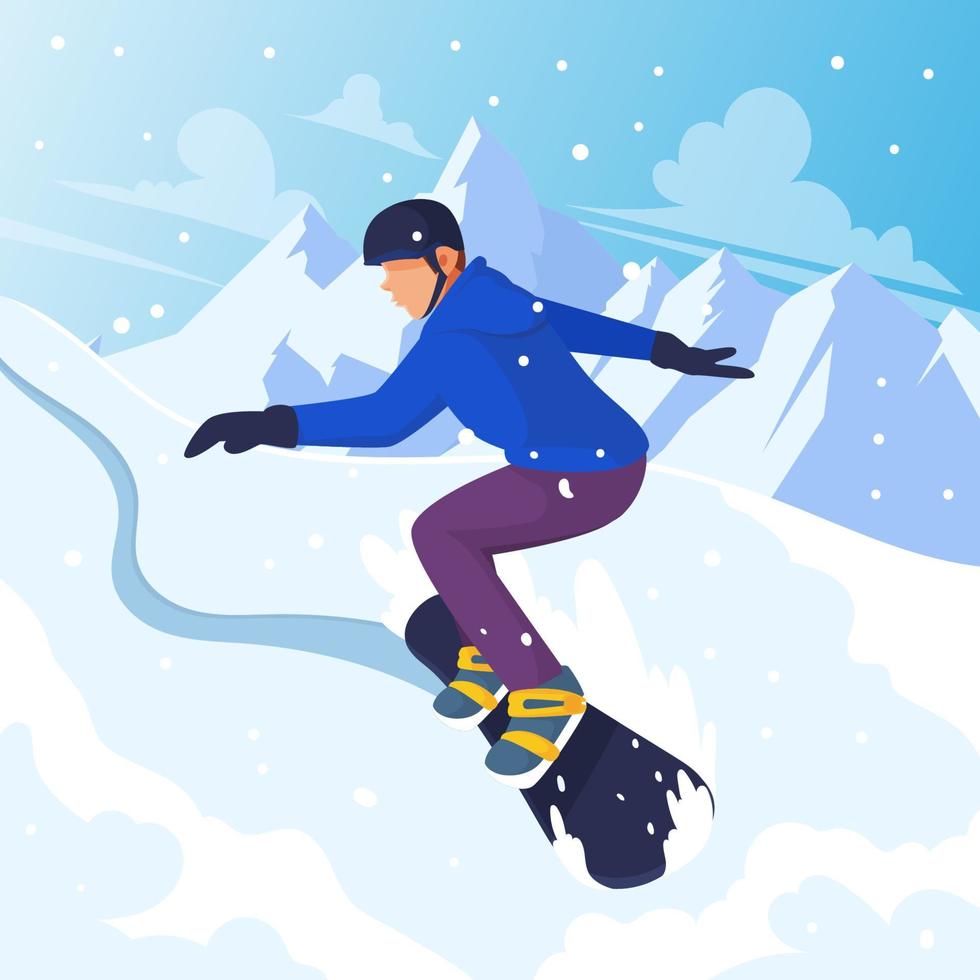 hombre jugando snowboard en la montaña vector