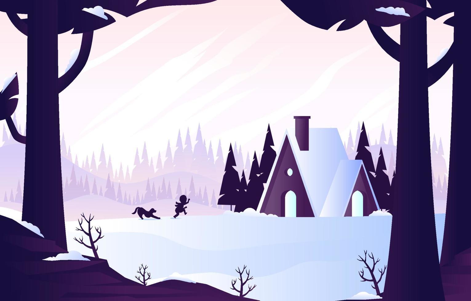 Boy Plays with His Dog in the Snow Around his House vector