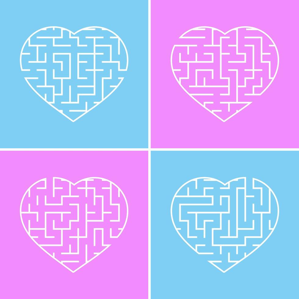 corazón laberinto. un conjunto de cuatro opciones. Ilustración de vector plano simple aislado en un fondo rosa y azul.