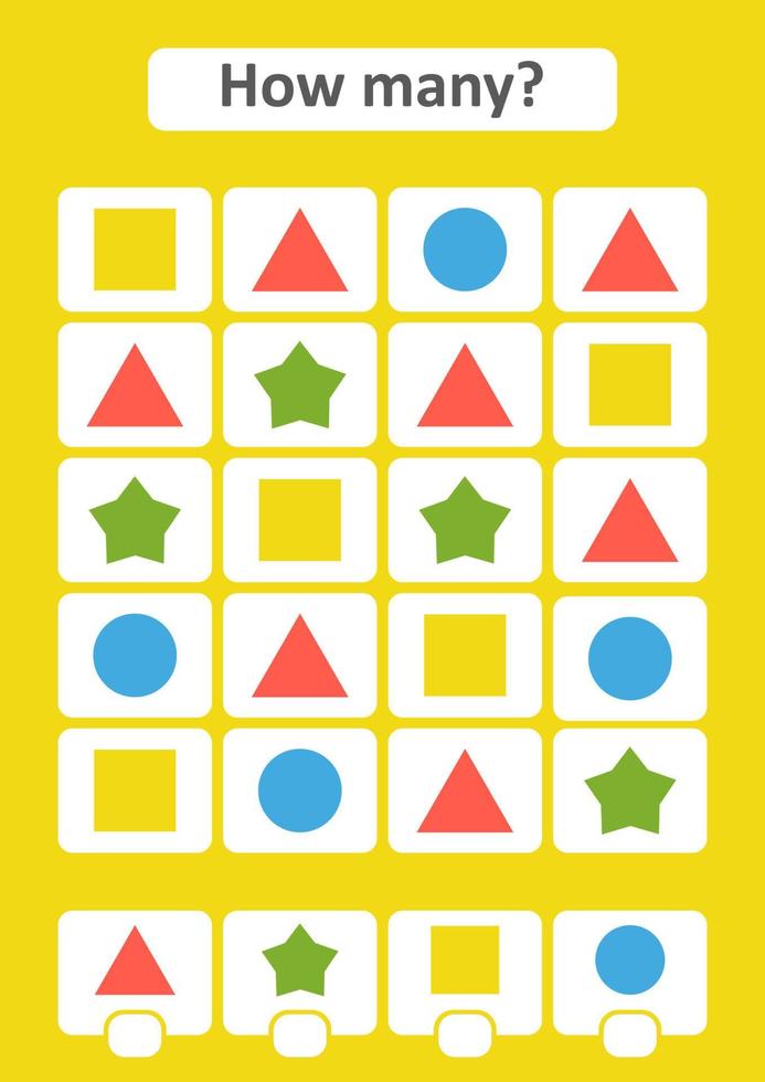 Counting game for preschool children.The study of mathematics. How many items in the picture.A square, a star, a triangle, a circle. With a place for answers. Simple flat isolated vector illustration.