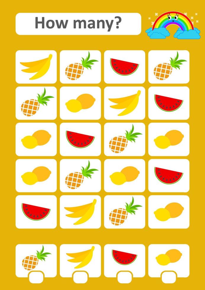 Counting game for preschool children. The study of mathematics. How many fruits in the picture.Banana, pineapple, watermelon, lemon. With a place for answers. Simple flat isolated vector illustration.