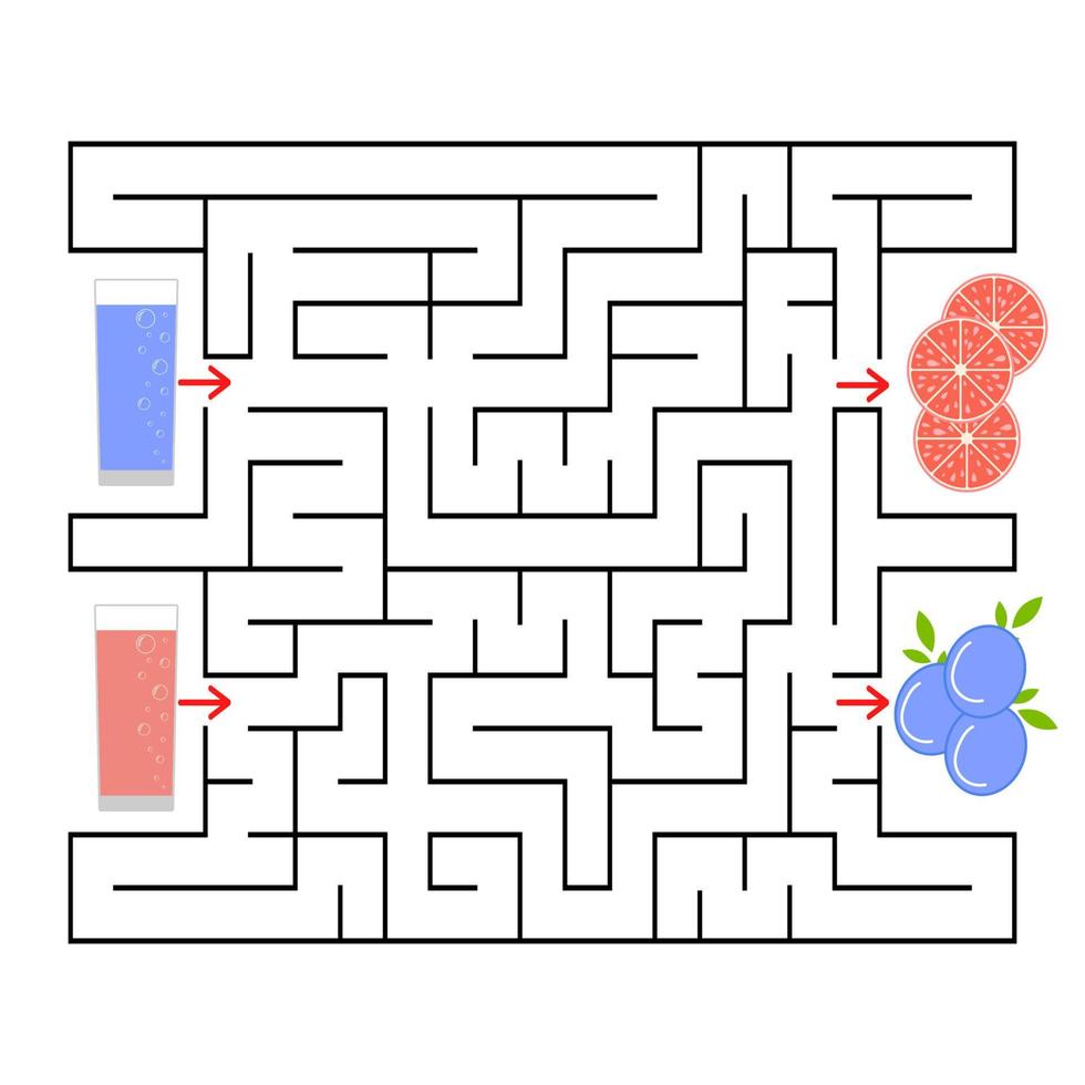 A square labyrinth. Find the way from juice to fruit. Simple flat isolated vector illustration.