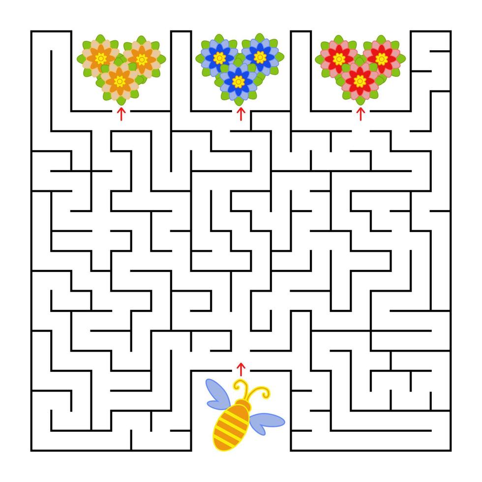 un laberinto cuadrado. ayuda a la abeja a recoger la miel de todas las flores. Ilustración de vector aislado plano simple.