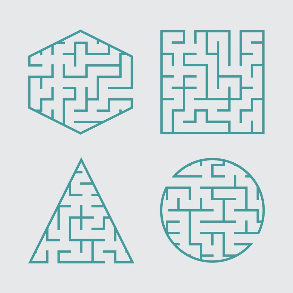 A set of labyrinths for children. A square, a circle, a hexagon, a triangle. A simple flat vector illustration isolated on a gray background.