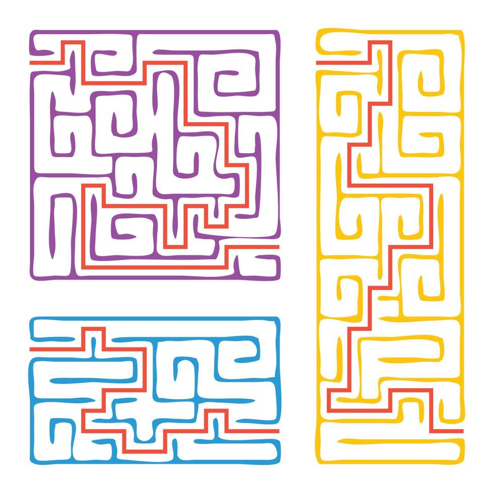 A set of colored square and rectangular labyrinths with entrance and exit. Simple flat vector illustration isolated on white background. With the answer.