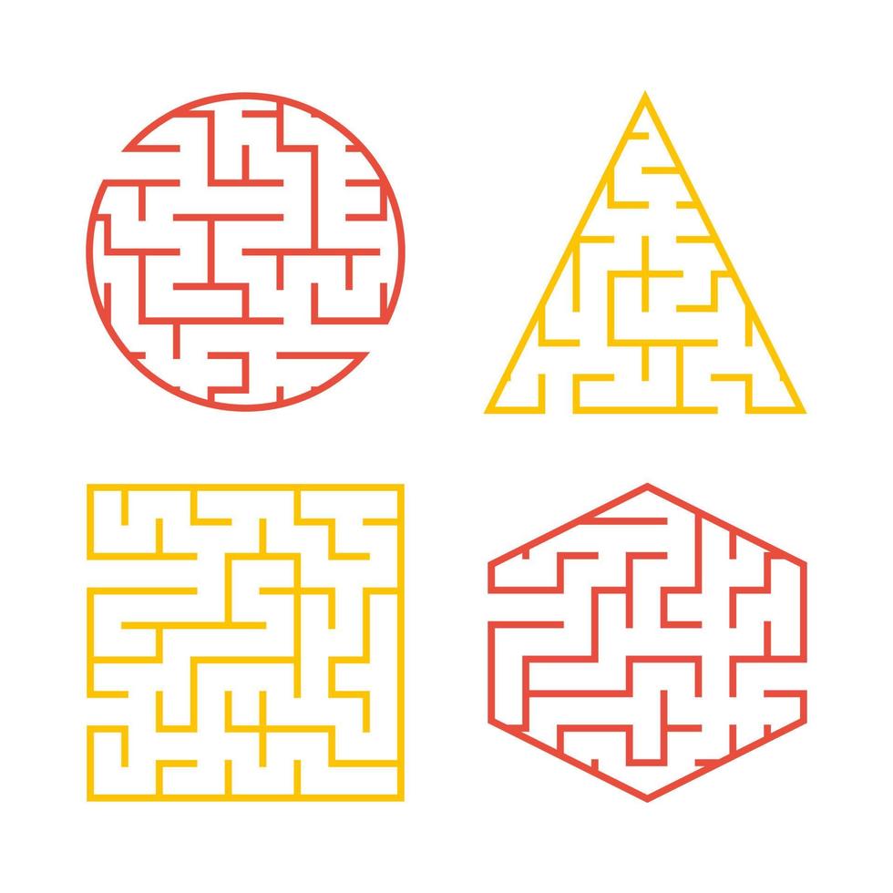 A set of colored labyrinths for children. A square, a circle, a hexagon, a triangle. Simple flat vector illustration isolated on white background.