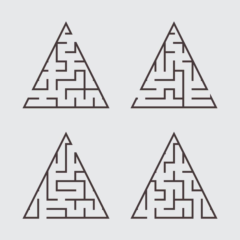 A set of triangular labyrinths for children. A simple flat vector illustration isolated on a gray background.