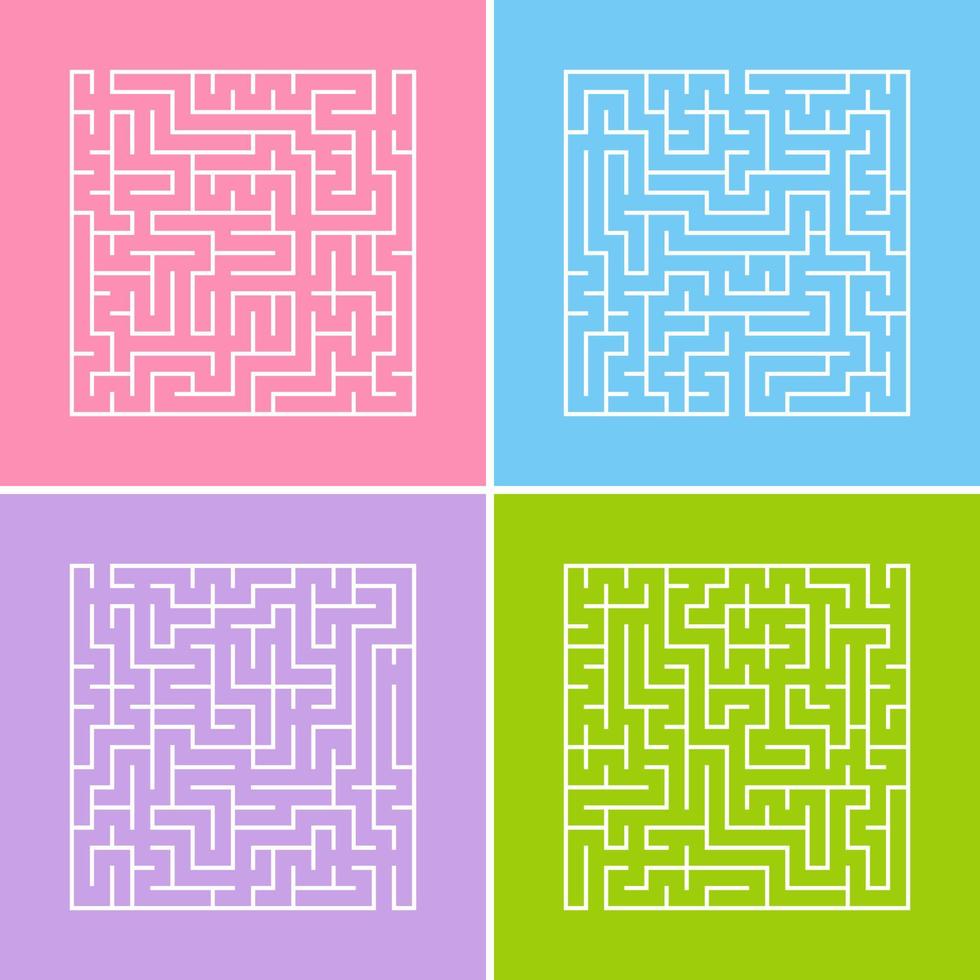 A square labyrinth with an entrance and an exit. A set of four options. A simple flat vector illustration isolated on a colored background.