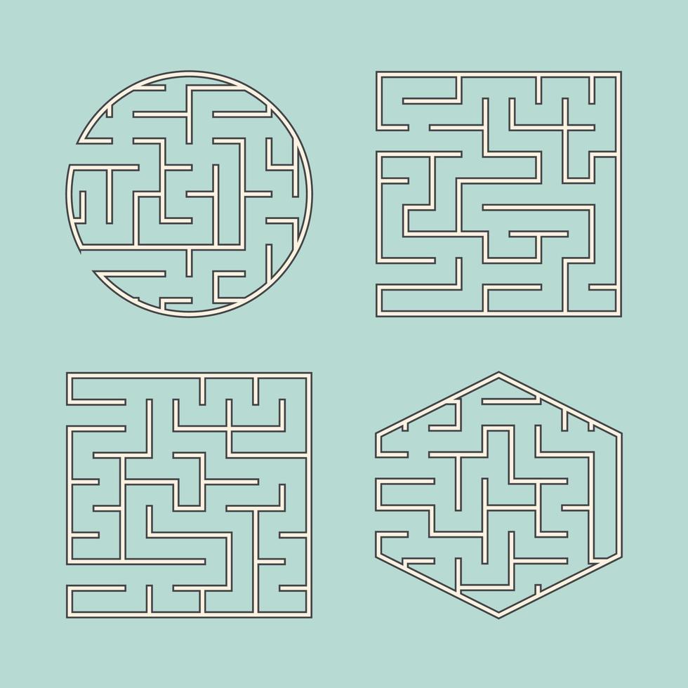 A set of labyrinths for children. A square, a circle, a hexagon. A simple flat vector illustration isolated on a green background.