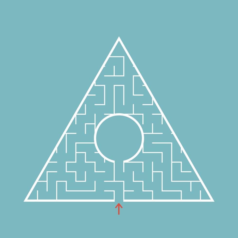 Triangular labyrinth with an input and an exit. Simple flat vector illustration isolated on a colored background
