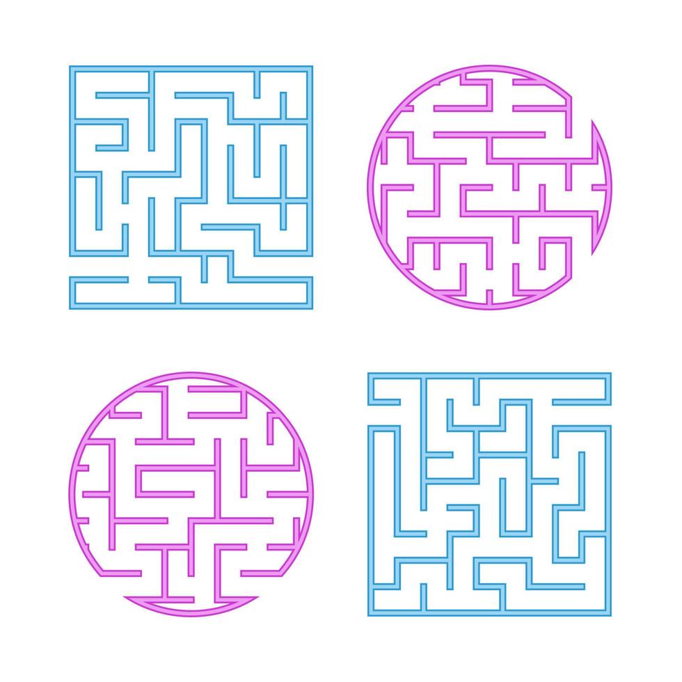 A set of colored labyrinths for children. A square, round maze. Simple flat vector illustration isolated on white background.