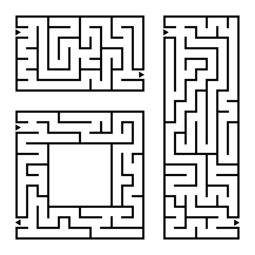 A set of square and rectangular labyrinths with entrance and exit. Simple flat vector illustration isolated on white background.