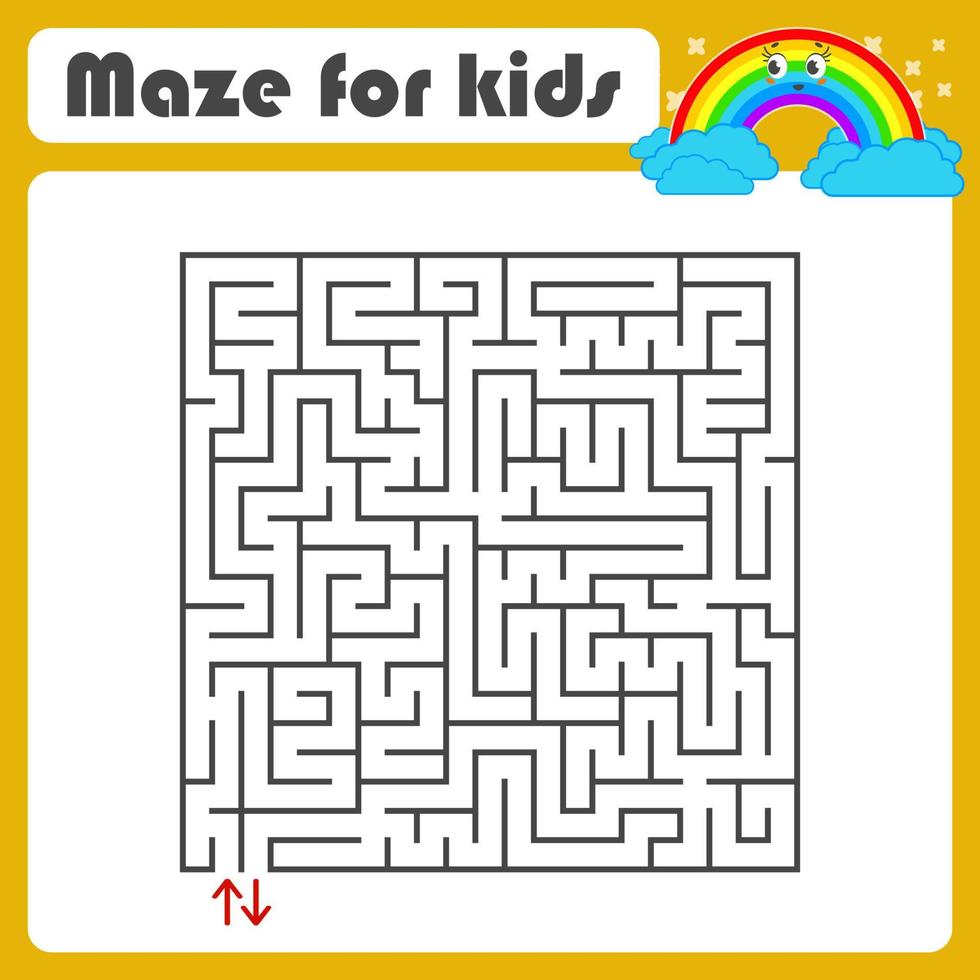 Black square maze with entrance and exit. With a cute cartoon of a rainbow. Simple flat vector illustration isolated on white background.