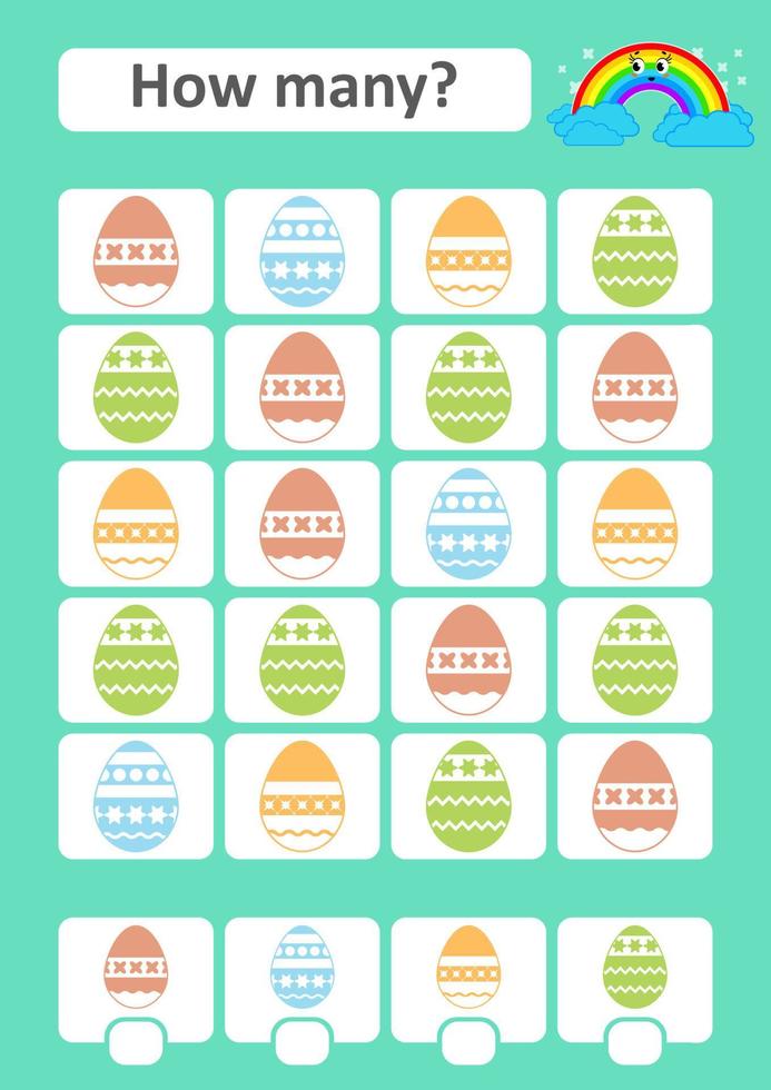 Counting game for preschool children. The study of mathematics. How many items in the picture. Colored Easter eggs. With a place for answers. Simple flat isolated vector illustration.