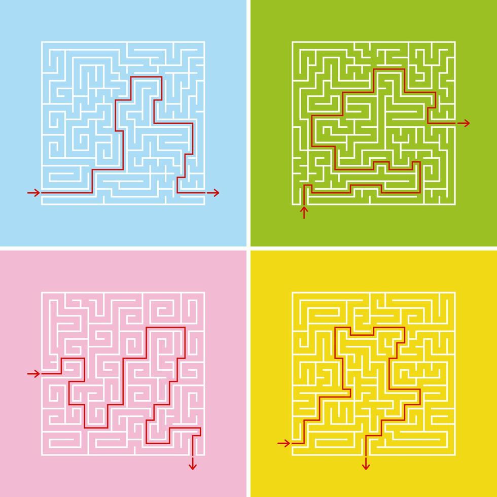 A set of square labyrinths. A game for children and adults. Simple flat vector illustration. With the answer.