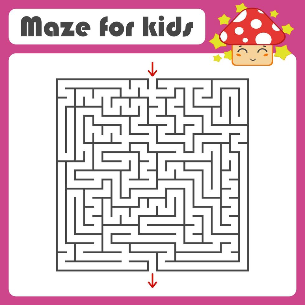 Black square maze with entrance and exit. With a cute cartoon mushroom. Simple flat vector illustration isolated on white background.