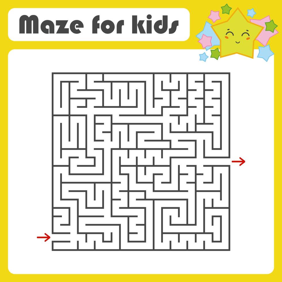 Black square maze with entrance and exit. With a lovely cartoon star. Simple flat vector illustration isolated on white background.