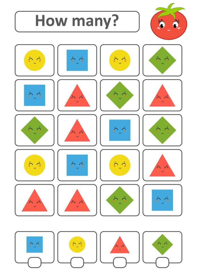 juego de conteo para niños en edad preescolar. el estudio de las matemáticas. cuántas formas hay en la imagen. un círculo, un cuadrado, un rombo, un triángulo. con un lugar para las respuestas. vector