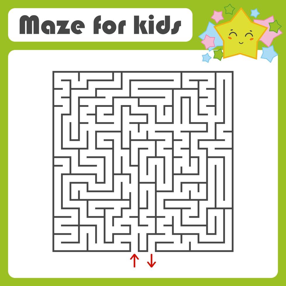 Black square maze with entrance and exit. With a lovely cartoon star. Simple flat vector illustration isolated on white background.